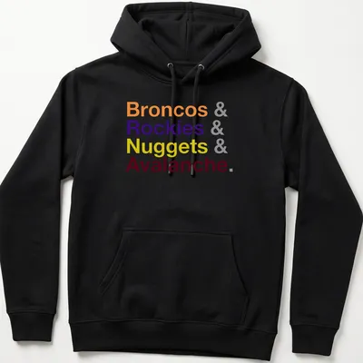 Bold typography t-shirt displaying Colorado sports teams in vibrant colors — printed on a unisex hoodie