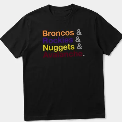Bold typography t-shirt displaying Colorado sports teams in vibrant colors
