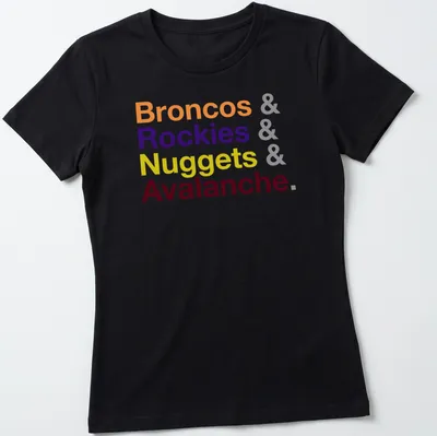 Bold typography t-shirt displaying Colorado sports teams in vibrant colors — printed on a women's shirt