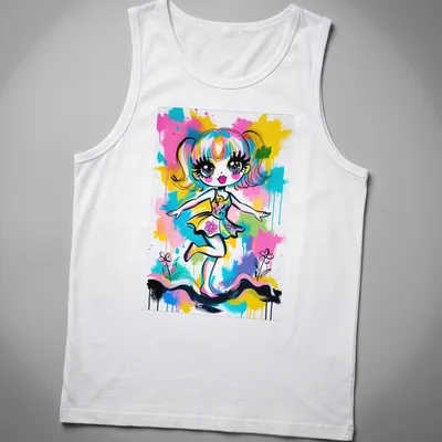 Vibrant pop art of a cartoon girl dancing in various bright colors — printed on a tank top