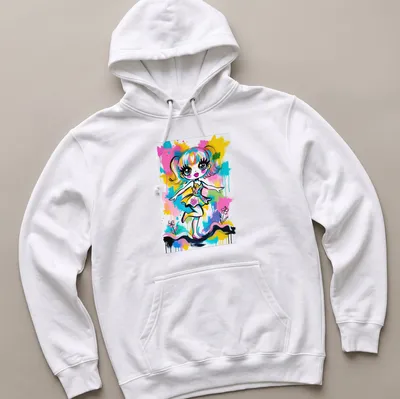 Vibrant pop art of a cartoon girl dancing in various bright colors — printed on a unisex hoodie