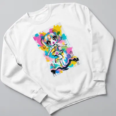 Vibrant pop art of a cartoon girl dancing in various bright colors — printed on a unisex sweatshirt
