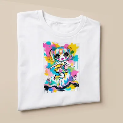 Vibrant pop art of a cartoon girl dancing in various bright colors — printed on a unisex t-shirt (angled view)