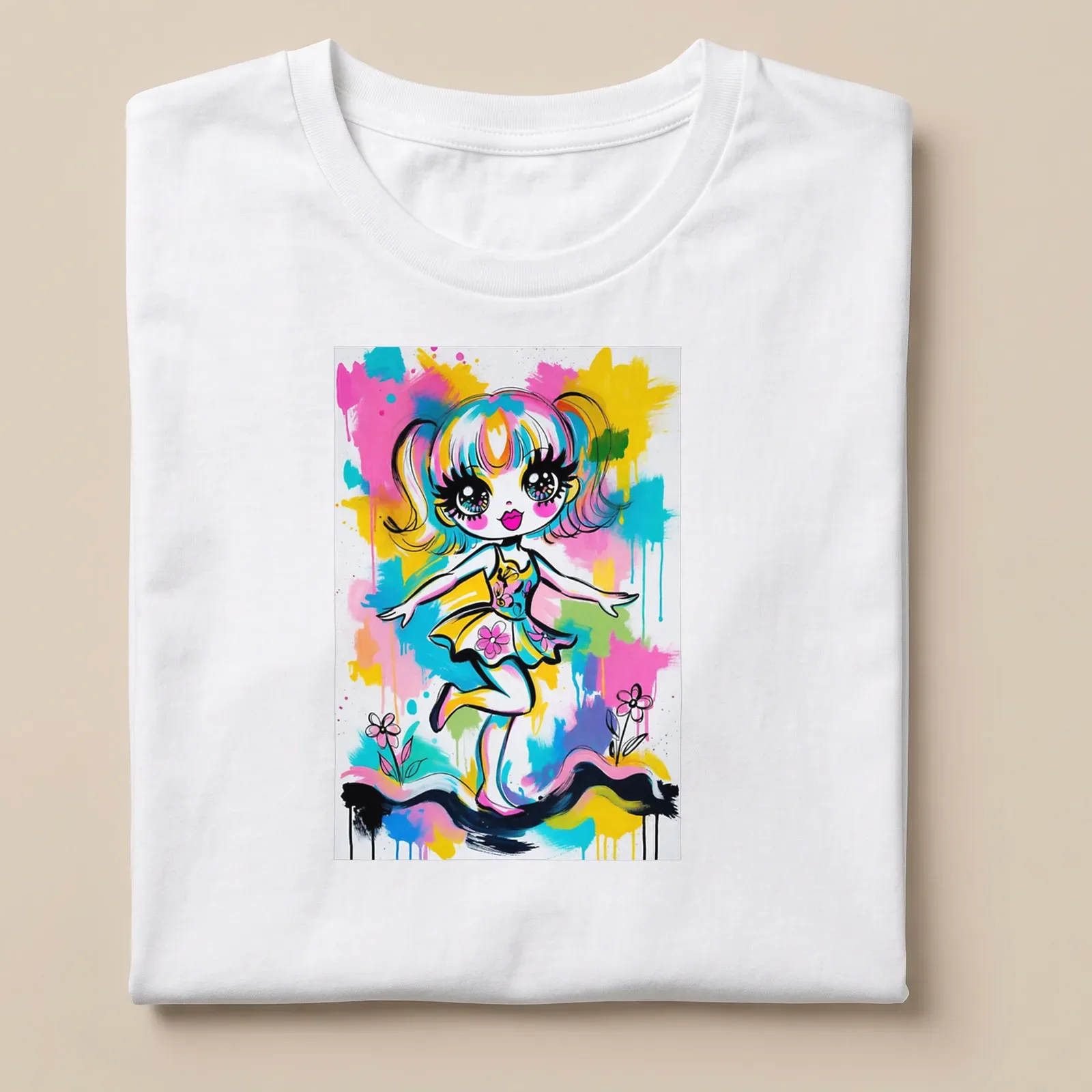 Vibrant pop art of a cartoon girl dancing in various bright colors — printed on a unisex t-shirt
