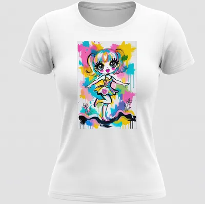 Vibrant pop art of a cartoon girl dancing in various bright colors — printed on a women's shirt