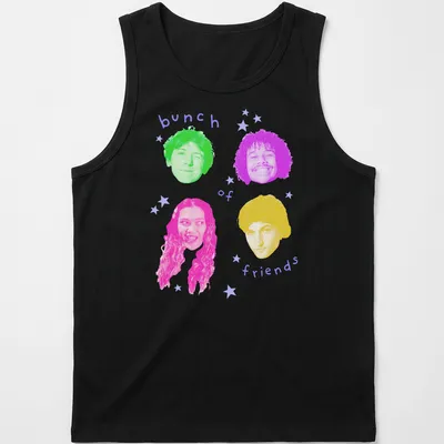 Colorful pop art design featuring an array of friends' faces with playful expressions. — printed on a tank top