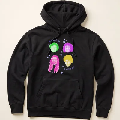Colorful pop art design featuring an array of friends' faces with playful expressions. — printed on a unisex hoodie