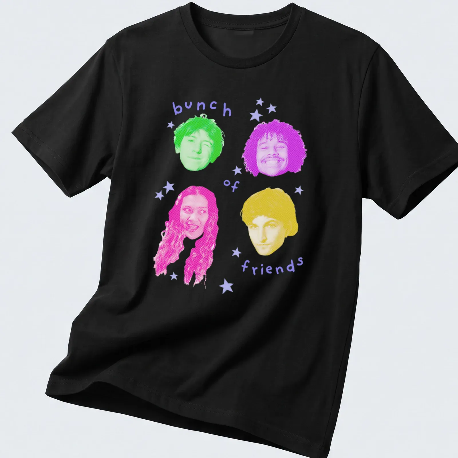 Colorful pop art design featuring an array of friends' faces with playful expressions. — printed on a unisex t-shirt