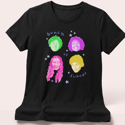 Colorful pop art design featuring an array of friends' faces with playful expressions. — printed on a women's shirt