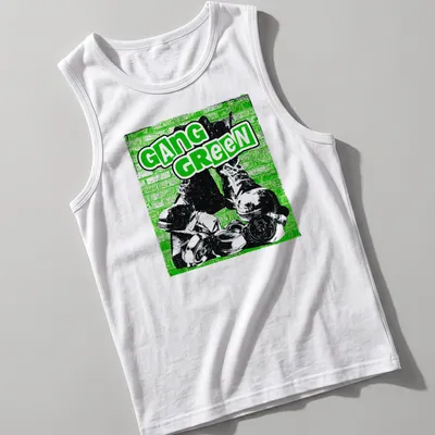 Edgy graphic t-shirt featuring combat boots and bold Gang Green text — printed on a tank top