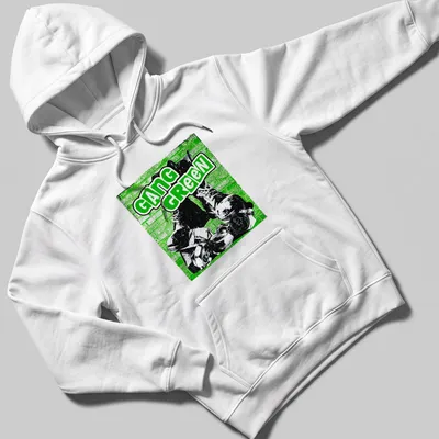 Edgy graphic t-shirt featuring combat boots and bold Gang Green text — printed on a unisex hoodie