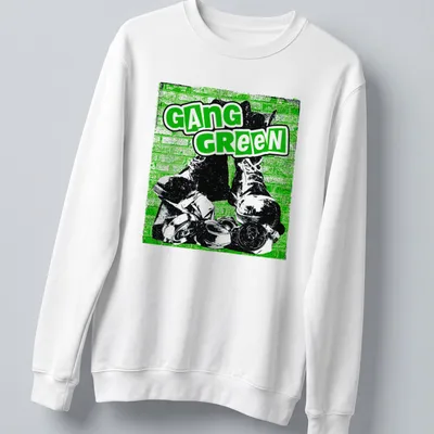 Edgy graphic t-shirt featuring combat boots and bold Gang Green text — printed on a unisex sweatshirt