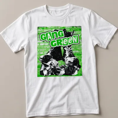 Edgy graphic t-shirt featuring combat boots and bold Gang Green text