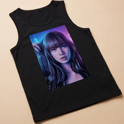 Comic book style portrait of a confident woman in purple, blue, black, and pink — printed on a tank top