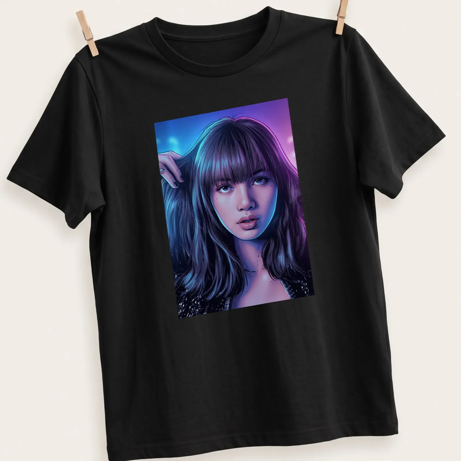 Comic book style portrait of a confident woman in purple, blue, black, and pink — printed on a unisex t-shirt