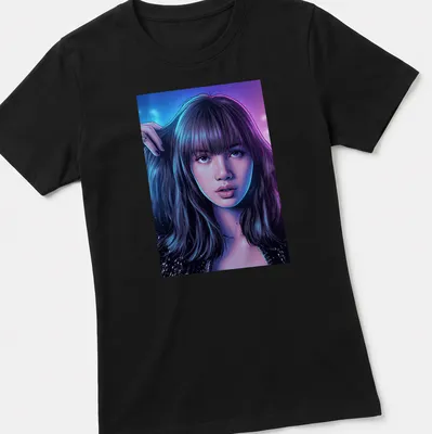 Comic book style portrait of a confident woman in purple, blue, black, and pink — printed on a women's shirt