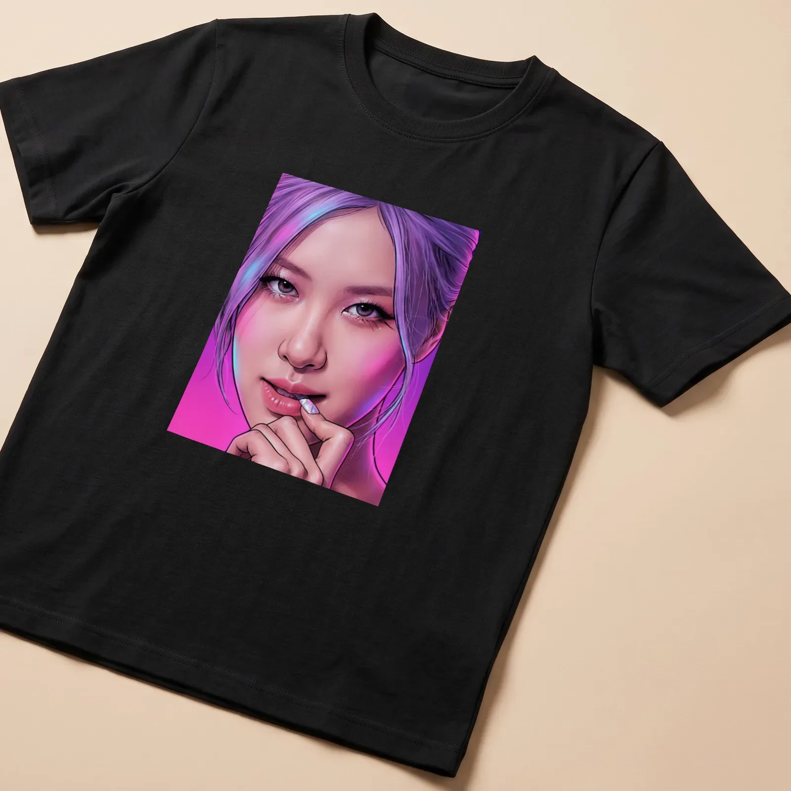 Comic book style portrait of a woman with lavender hair in vibrant colors — printed on a unisex t-shirt