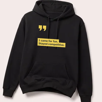 Modern minimalist T-shirt with competitive sports text in yellow and black — printed on a unisex hoodie