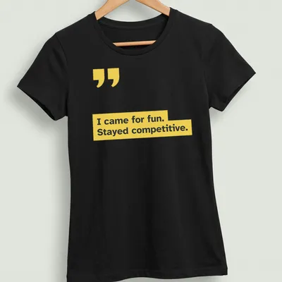Modern minimalist T-shirt with competitive sports text in yellow and black — printed on a women's shirt