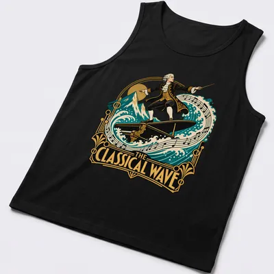 Vintage illustration of a composer surfing a grand piano with colorful details — printed on a tank top