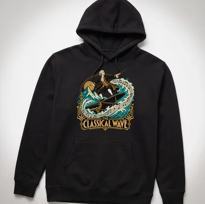 Vintage illustration of a composer surfing a grand piano with colorful details — printed on a unisex hoodie