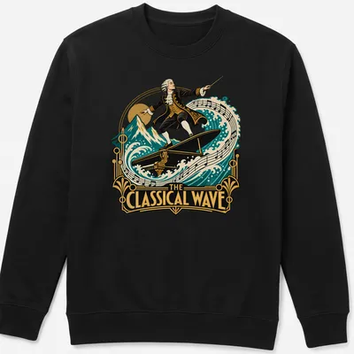 Vintage illustration of a composer surfing a grand piano with colorful details — printed on a unisex sweatshirt