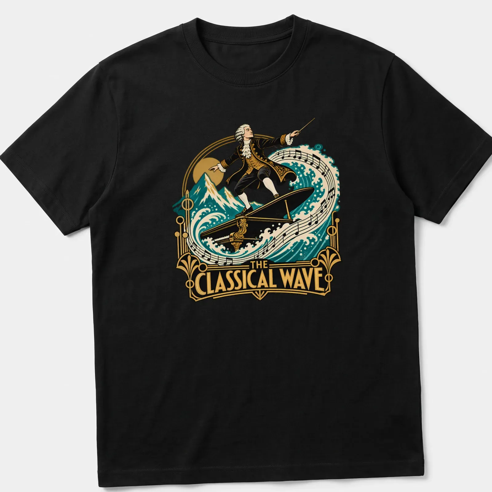 Vintage illustration of a composer surfing a grand piano with colorful details — printed on a unisex t-shirt