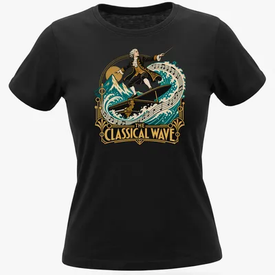 Vintage illustration of a composer surfing a grand piano with colorful details — printed on a women's shirt