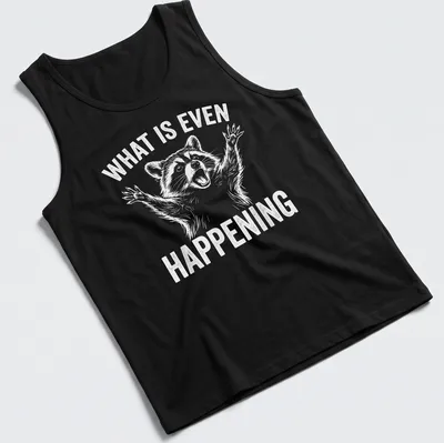 Cartoon raccoon with wide eyes and text 'WHAT IS EVEN HAPPENING' — printed on a tank top