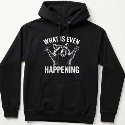 Cartoon raccoon with wide eyes and text 'WHAT IS EVEN HAPPENING' — printed on a unisex hoodie