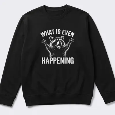 Cartoon raccoon with wide eyes and text 'WHAT IS EVEN HAPPENING' — printed on a unisex sweatshirt