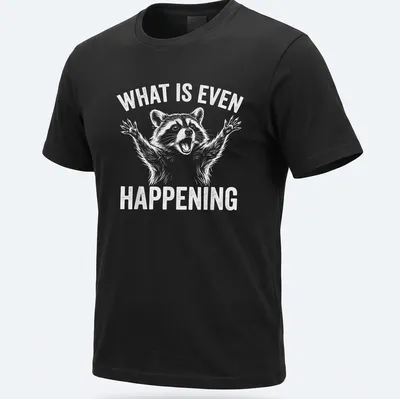 Cartoon raccoon with wide eyes and text 'WHAT IS EVEN HAPPENING'