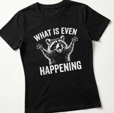 Cartoon raccoon with wide eyes and text 'WHAT IS EVEN HAPPENING' — printed on a women's shirt