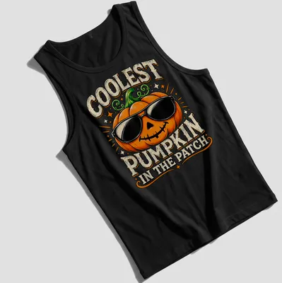Vintage cartoon-style t-shirt featuring a cheerful pumpkin with text about being the coolest pumpkin. — printed on a tank top