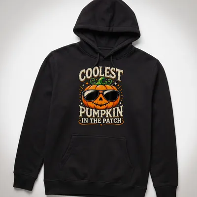 Vintage cartoon-style t-shirt featuring a cheerful pumpkin with text about being the coolest pumpkin. — printed on a unisex hoodie