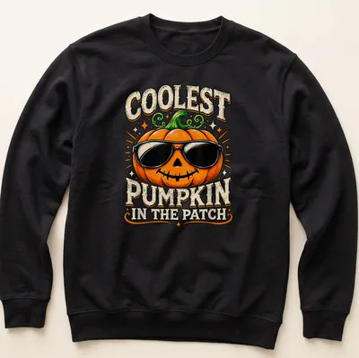 Vintage cartoon-style t-shirt featuring a cheerful pumpkin with text about being the coolest pumpkin. — printed on a unisex sweatshirt