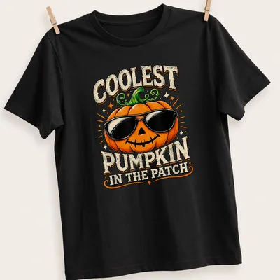 Vintage cartoon-style t-shirt featuring a cheerful pumpkin with text about being the coolest pumpkin.
