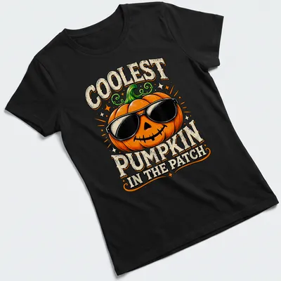 Vintage cartoon-style t-shirt featuring a cheerful pumpkin with text about being the coolest pumpkin. — printed on a women's shirt