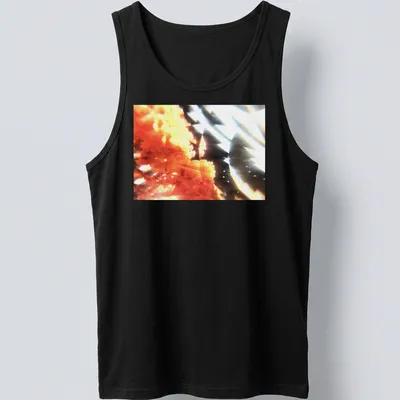 Abstract coral bloom graphic in orange, black, and white colors — printed on a tank top