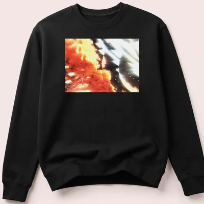 Abstract coral bloom graphic in orange, black, and white colors — printed on a unisex sweatshirt
