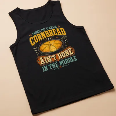 Vintage rustic T-shirt featuring cornbread in a skillet with humorous text about cooking. — printed on a tank top