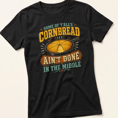 Vintage rustic T-shirt featuring cornbread in a skillet with humorous text about cooking. — printed on a women's shirt