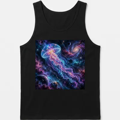 Cosmic jellyfish swims in a vibrant neon dreamscape of purple, blue, and pink. — printed on a tank top