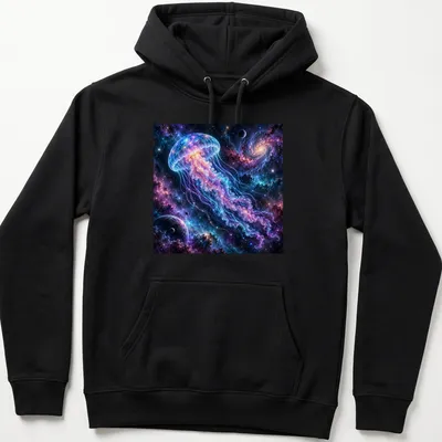 Cosmic jellyfish swims in a vibrant neon dreamscape of purple, blue, and pink. — printed on a unisex hoodie