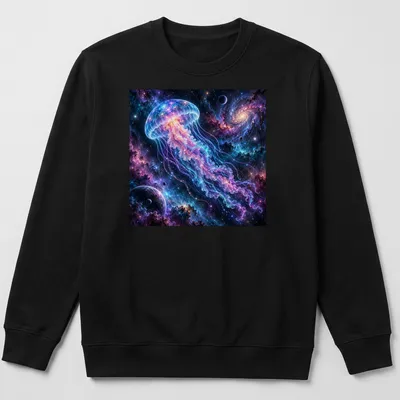 Cosmic jellyfish swims in a vibrant neon dreamscape of purple, blue, and pink. — printed on a unisex sweatshirt