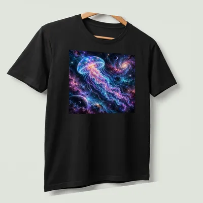 Cosmic jellyfish swims in a vibrant neon dreamscape of purple, blue, and pink. — printed on a unisex t-shirt (angled view)