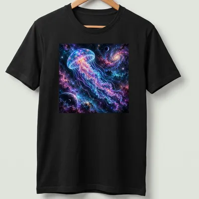 Cosmic jellyfish swims in a vibrant neon dreamscape of purple, blue, and pink. — printed on a unisex t-shirt