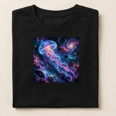 Cosmic jellyfish swims in a vibrant neon dreamscape of purple, blue, and pink. — printed on a women's shirt
