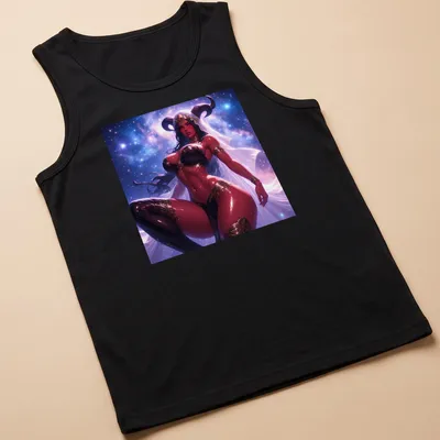Illustration of a Red Demon Succubus with a cosmic background in purple, black, gold, and white. — printed on a tank top