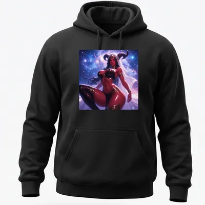 Illustration of a Red Demon Succubus with a cosmic background in purple, black, gold, and white. — printed on a unisex hoodie